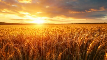 Obraz premium Golden wheat field illuminated by warm sunlight at sunset