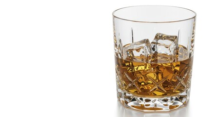 A round glass tumbler filled with amber liquid and ice cubes, displaying intricate etched patterns.