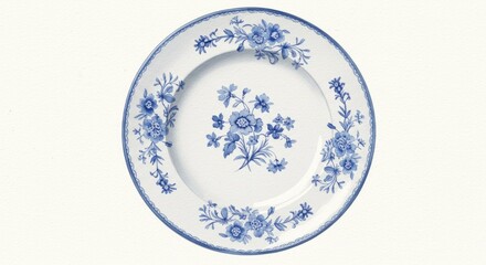 Decorative white plate with a border of intricate blue floral designs.