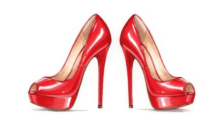 Pair of elegant, glossy red high-heeled shoes with open-toe design, showcasing a meticulously detailed watercolor illustration.