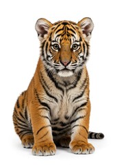 A small tiger cub sits patiently, captivatingly gazing directly at the viewer, its striped orange and black coat a striking pattern against a pristine white background.