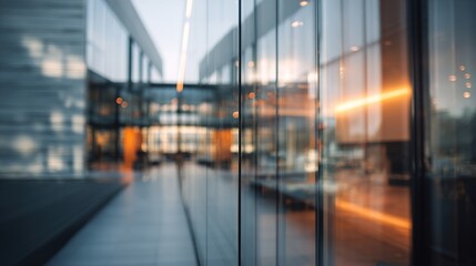 Obraz premium A blurred glass wall of a modern business office building, set in a business center, with abstract reflections creating a contemporary backdrop, emphasizing the sleek design and corporate environment