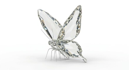 A three-dimensional, faceted crystal butterfly, intricate and delicate, against a plain white background, showcasing the detailed facets of a gem-like insect.