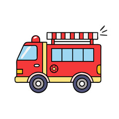 Cute cartoon illustration of a bright red fire truck with black outline