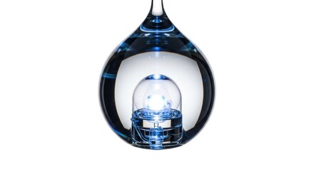 A teardrop-shaped glass object, filled with a translucent blue liquid, showcasing a small, luminous blue sphere within.