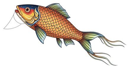 A colorful, stylized koi fish illustration, depicted in vibrant hues and intricate details against a plain white backdrop.