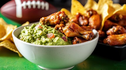 Delicious snack spread with wings, guacamole, and nachos for a sports event featuring soccer and rugby posters