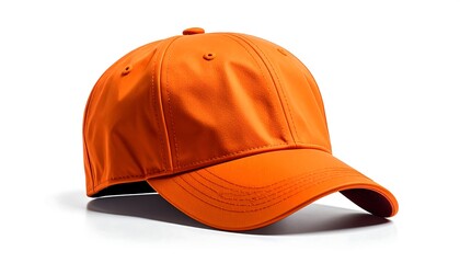 Fototapeta premium A vibrant orange baseball cap sits angled against a plain white background, showcasing its smooth texture and simple design.