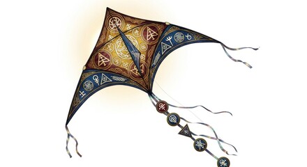 A decorative kite, adorned with intricate symbols and patterns, soars against a plain white backdrop.