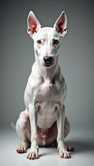 White short haired dog sitting and looking at camera with alert ears and calm expression in studio lighting, soft shadow and smooth background