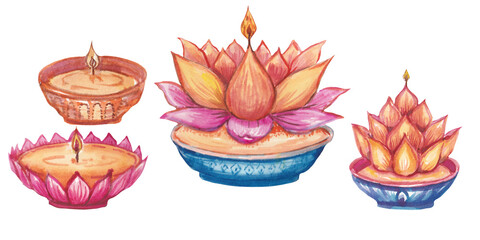 Watercolor illustration of a lotus candles. Hand-painted design inspired by Asian traditions, meditation and spiritual festivals.