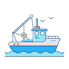 Fototapeta premium Fishing boat at sea with crane and gulls in cartoon style image