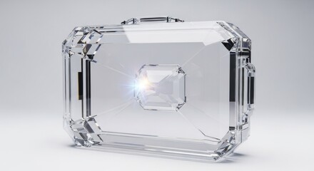A  faceted, transparent case with a brilliant center gem, showcasing intricate design details against a neutral backdrop.