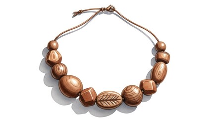 A necklace of various shapes and sizes of light brown wooden beads with a light brown cord hangs against a plain white background.