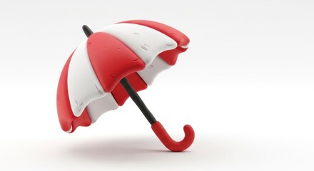 A stylized, 3D-rendered red and white umbrella, angled and presented against a plain white background, features a playful, cartoon-like aesthetic.