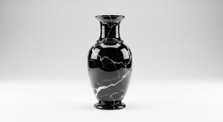 Elegant black and white marble vase with a smooth, polished surface stands prominently on a plain white background.