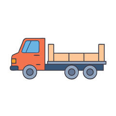 Orange flatbed truck with blue window and blue wheels on white background