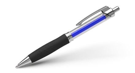 A sleek, modern ballpoint pen angled on a plain white background, showcasing its metallic accents and vibrant blue ink cartridge.