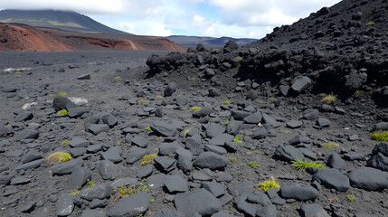 Lava desert with black solidified magma rocks form fertile ground for tropical vegetation and plants along Chain of Craters Road inside Hawaii Volcanoes National Park on Big Island after eruptions