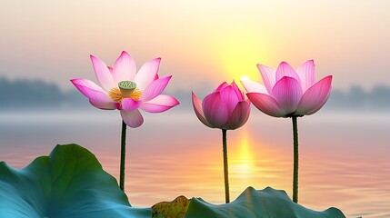 Serene sunrise over a tranquil lake with three beautiful blooming pink lotus flowers