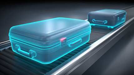 x-ray style image of suitcase contents on conveyor belt glowing edges no text high contrast illustration concept scene visual for commercial design use high detail quality stock image illustration