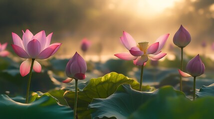 Golden Hour Glow Illuminates Delicate Pink Lotus Blooms on Tranquil Water
