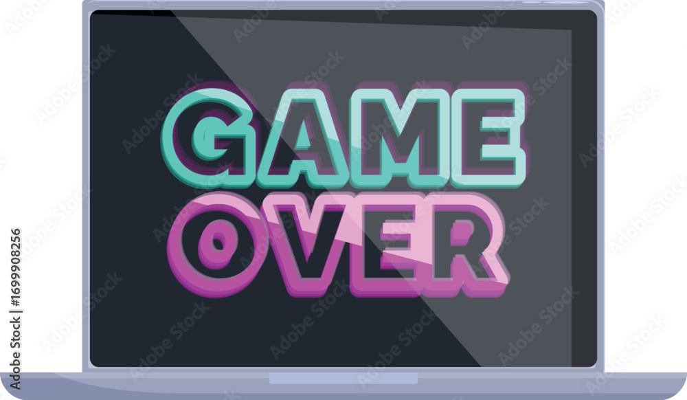 Poster neon pink and turquoise game over message displayed on laptop screen, indicating the end of a comput