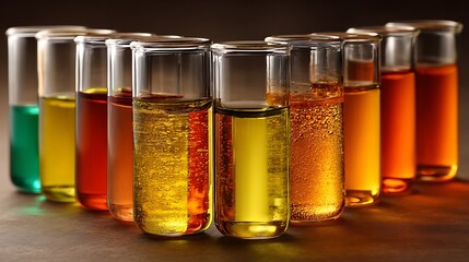 Various colorful liquids in test tubes for scientific experiments and analysis