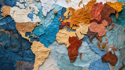 Fototapeta premium Creative paper map of the world showcasing different regions with unique textures and colors for educational and decorative purposes