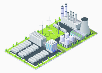 Cartoon Color Powerwall and Combined Energy Sources Power Plant Industrial Energy Building Concept 3d Isometric View. Vector illustration