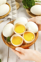 Fresh Free-Range Farm Eggs in Rustic Wicker Tray with Golden Yolks - Farmhouse Kitchen Photography
