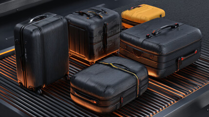 x-ray style image of suitcase contents on conveyor belt glowing edges no text high contrast illustration concept scene visual for commercial design use high detail quality stock image illustration