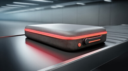 x-ray style image of suitcase contents on conveyor belt glowing edges no text high contrast illustration concept scene visual for commercial design use high detail quality stock image illustration