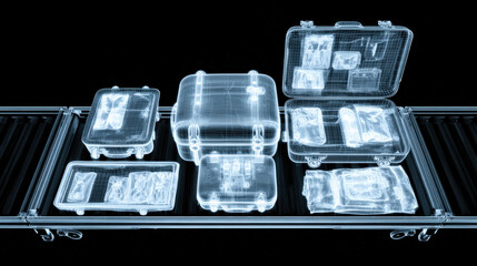 x-ray style image of suitcase contents on conveyor belt glowing edges no text high contrast illustration concept scene visual for commercial design use high detail quality stock image illustration