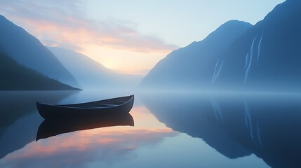Serene boat floating on a tranquil lake with misty mountains in the background at sunrise
