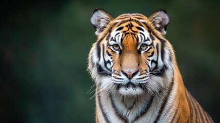 Fototapeta premium Stunning tiger portrait showcasing striking features and intense gaze against a softly blurred background in a natural habitat setting