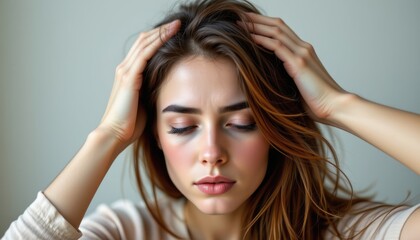 Naklejka premium a close up of a woman holding her head with fatigue beside hormone diagram, symbolic low estrogen causing tiredness and mood changes, realistic portrait photography soft daylight tones.