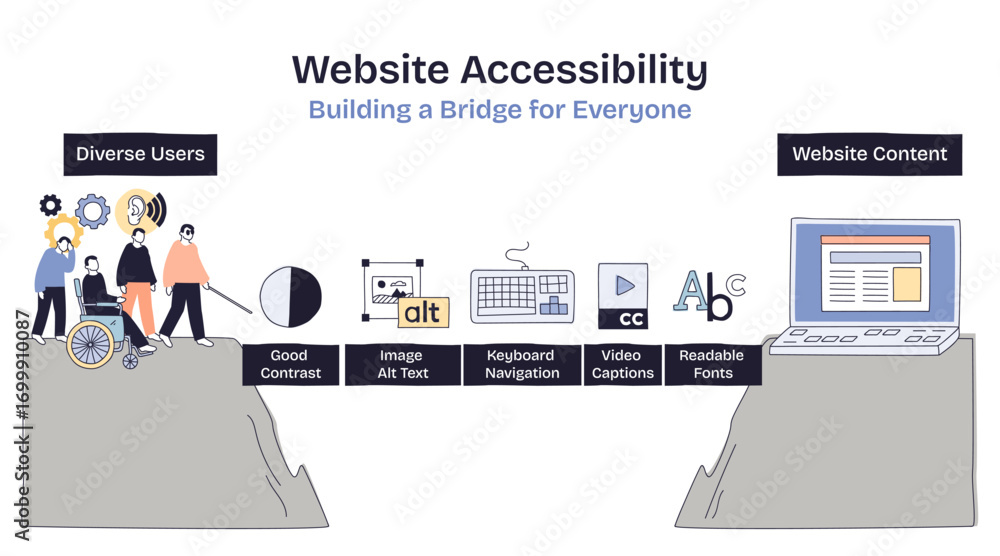 Poster website accessibility bridges diverse users and website content using icons like wheelchair, keyboar