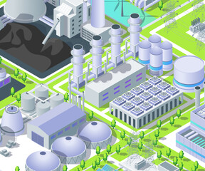 Cartoon Color Industrial Energy Building with Gas Thermal Power Plant Object Card Background 3d Isometric View. Vector illustration