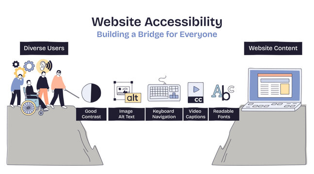 Website accessibility bridges diverse users and website content using icons like wheelchair, keyboard, and laptop. Doodle style diagram
