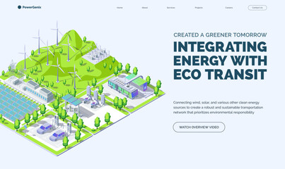 Cartoon Color Created a Greener Tomorrow Integrating Energy with Eco Transit Concept Banner 3d Isometric View. Vector illustration