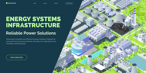 Cartoon Color Energy Systems Infrastructure Reliable Power Solutions Concept Banner 3d Isometric View. Vector illustration of Industrial Building