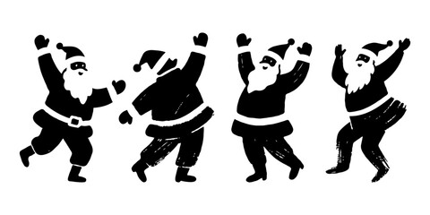 Joyful dancing Santa Claus characters in playful poses, bold graphic style, isolated on white background, concept of Christmas celebration fun