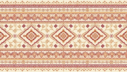 A repeating pattern of intricate, stylized floral and geometric motifs, rendered in warm, muted shades of beige, orange, and rust-red on a cream background.