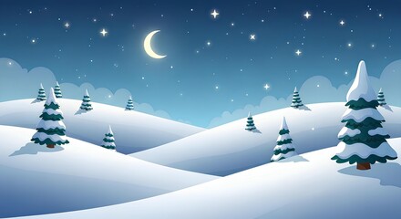 A serene winter landscape illustration featuring snow-covered hills, scattered pine trees, a crescent moon, and twinkling stars in a blue night sky.