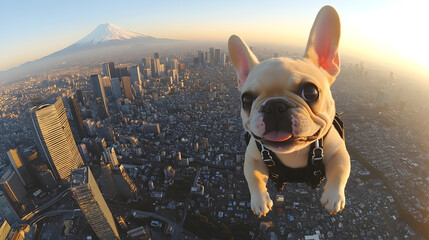 Funny bulldog skydiving with parachute over Tokyo skyline and Mt Fuji, humorous pet adventure illustration in GoPro footage, playful animal extreme sports concept for greeting cards and wallpapers