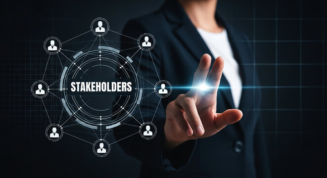 Businesswoman interacting with a stakeholders network on a digital interface screen display