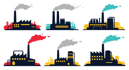 Obraz premium Industrial factory buildings with smoking chimneys and pollution emitting into the atmosphere
