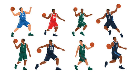 Collection of basketball players in dynamic poses illustrating the sport