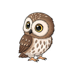 Cartoon illustration of a cute, wide-eyed owl with brown and white feathers, standing and looking to the left.